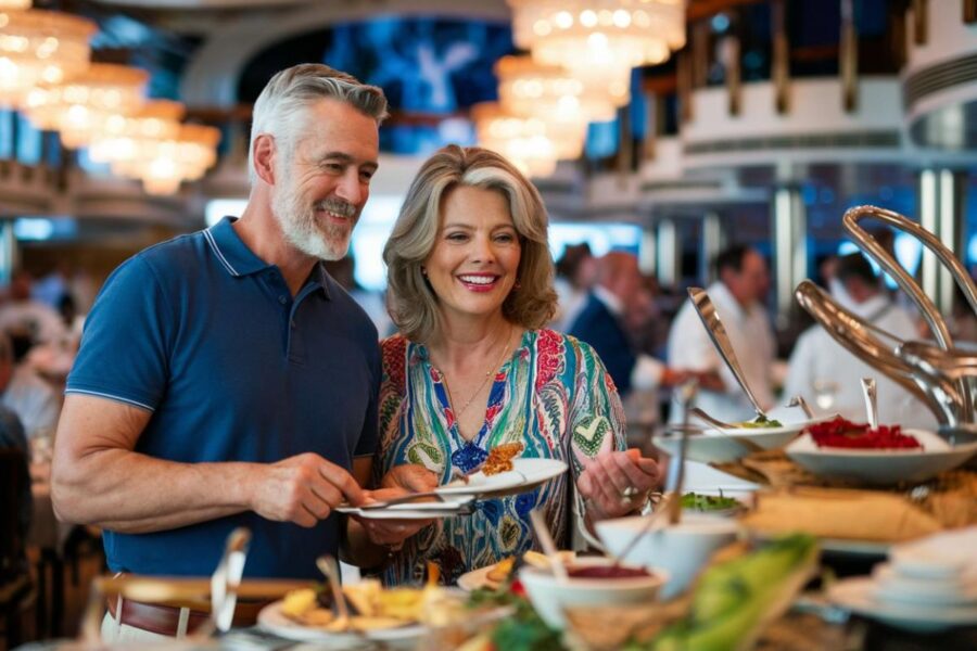 middle aged couple dressed casual chosing food from a buffet restaurant on Symphony Of The Seas cruise ship