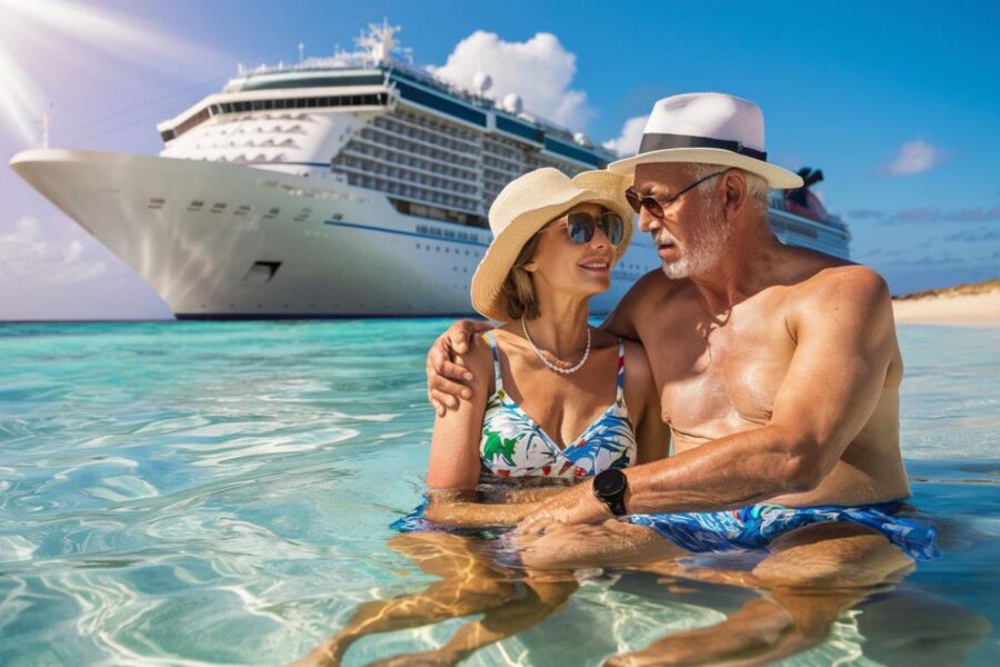 older couple in swimwear sitting in crystal clear water. in the caribbean with Symphony of the Seas cruise ship in the background