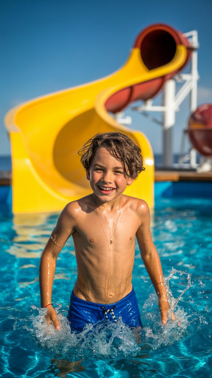 A photograph of a young boy joyfully splashing in the turquoise water of a cruise ship pool. He has sun-kissed skin, messy brown hair, and is wearing bright blue swim trunks. In the background, a vibrant yellow and red water slide curves gracefully upward, disappearing into the sunny blue sky. The scene is bathed in warm, natural sunlight, creating a playful atmosphere with a slight shimmer on the water’s surface.