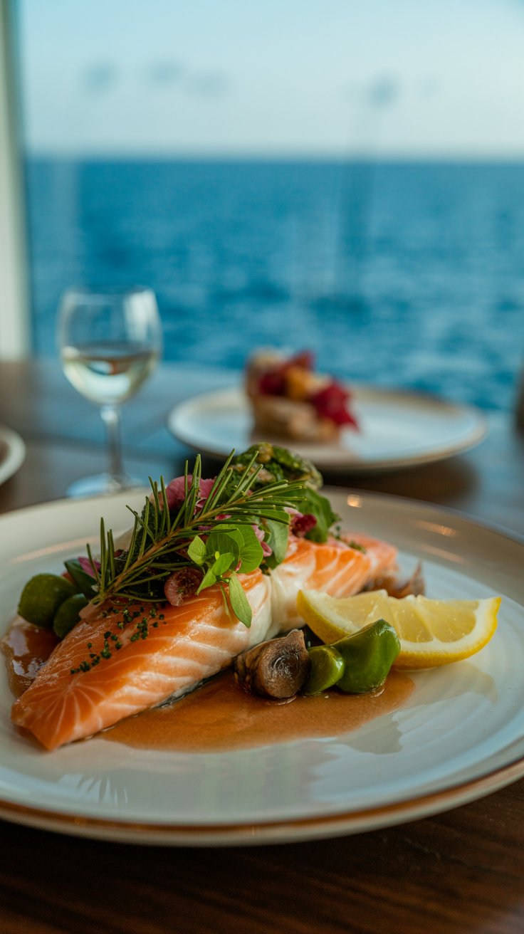 Stunning Salmon dinner in a speciality restaurant on a cruise ship
