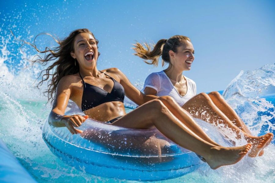 Two girls having fun on a cruise ship water slide