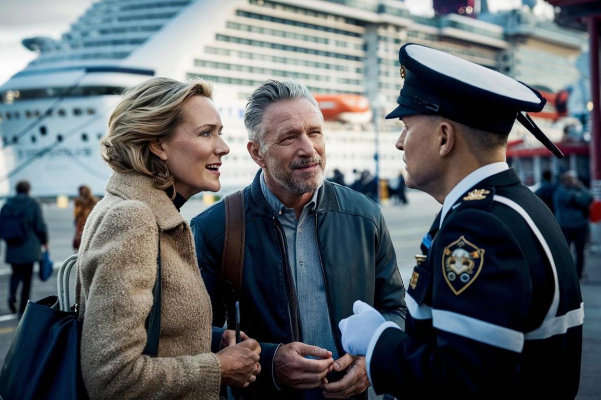 2 Guests talking to customs at Barcelona before a cruise ship departure