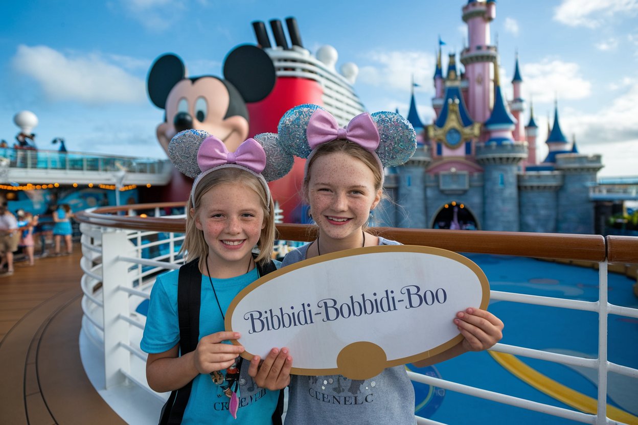 2 girls holding a Bibbidi Bobbidi Boo sign on a Disney Cruise Ship