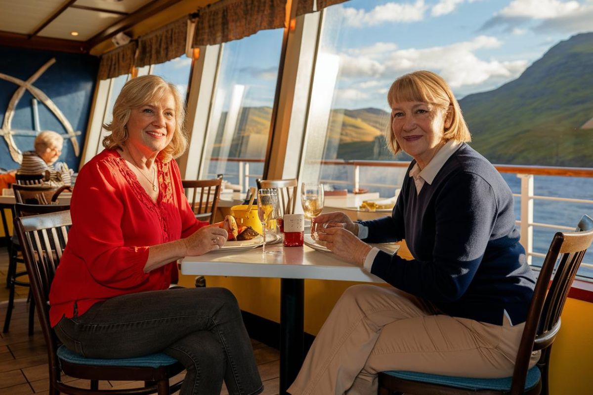 2 guests at lunch on a Hebridean Island Cruise in Scotland