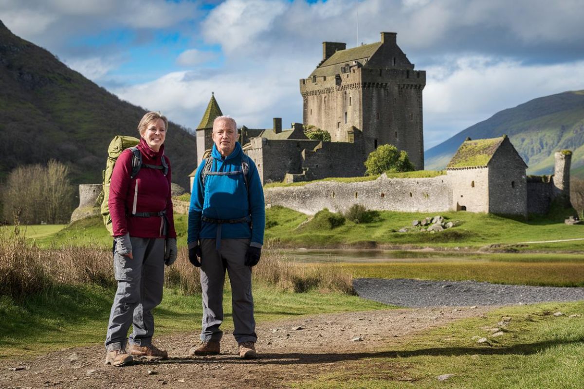 2 guests dressed in walking clothes, pants, with a day pack in Scotland looking at a castle in the background