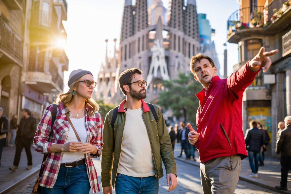 2 guests walking in Barcelona city with a guide. Sunny day