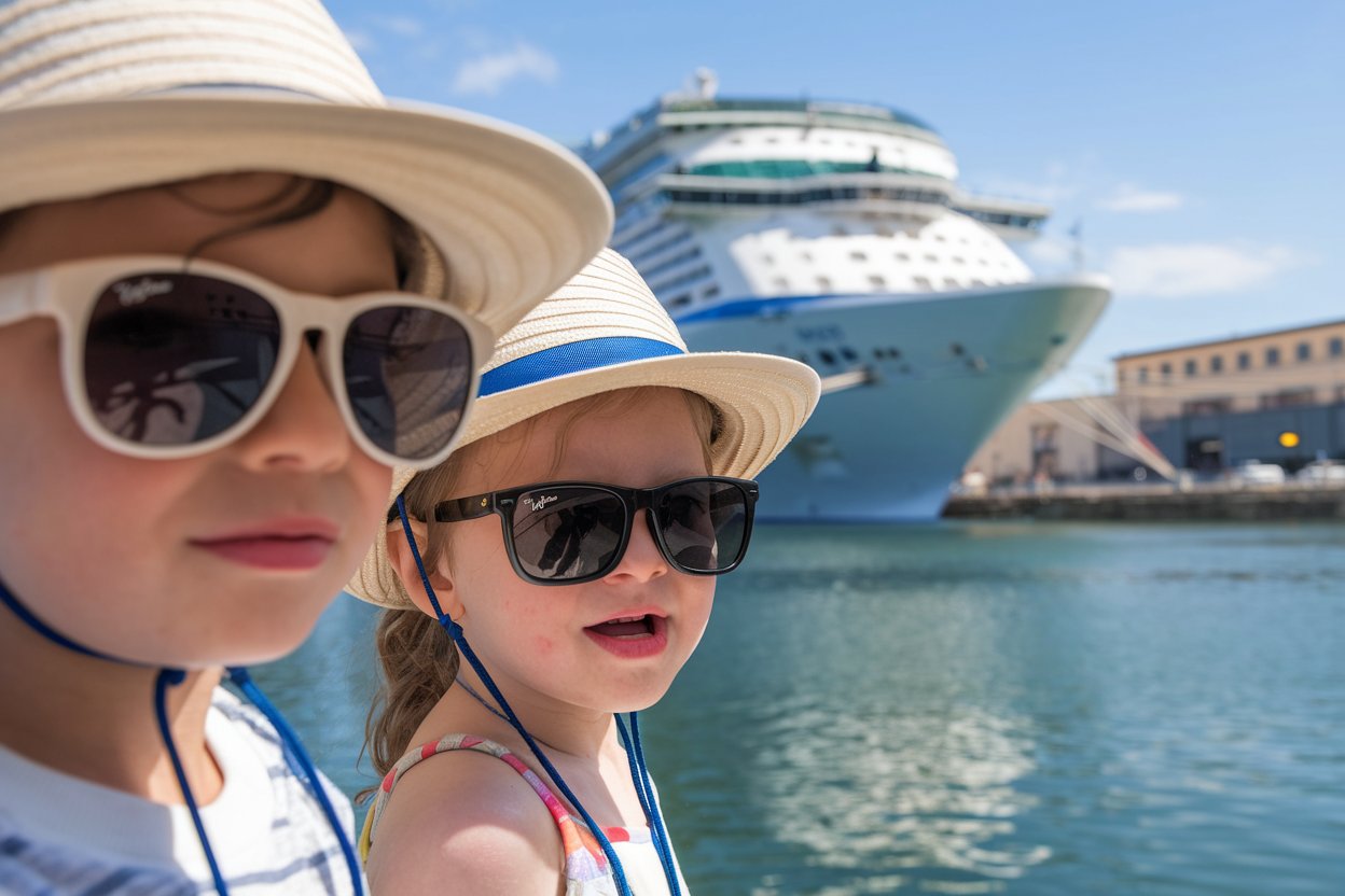 2 kids at the cruise ship terminal at Civitavecchia