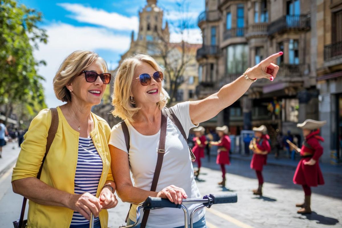 2 mid aged ladies in La Rambla St touring in Barcelona. sunny day