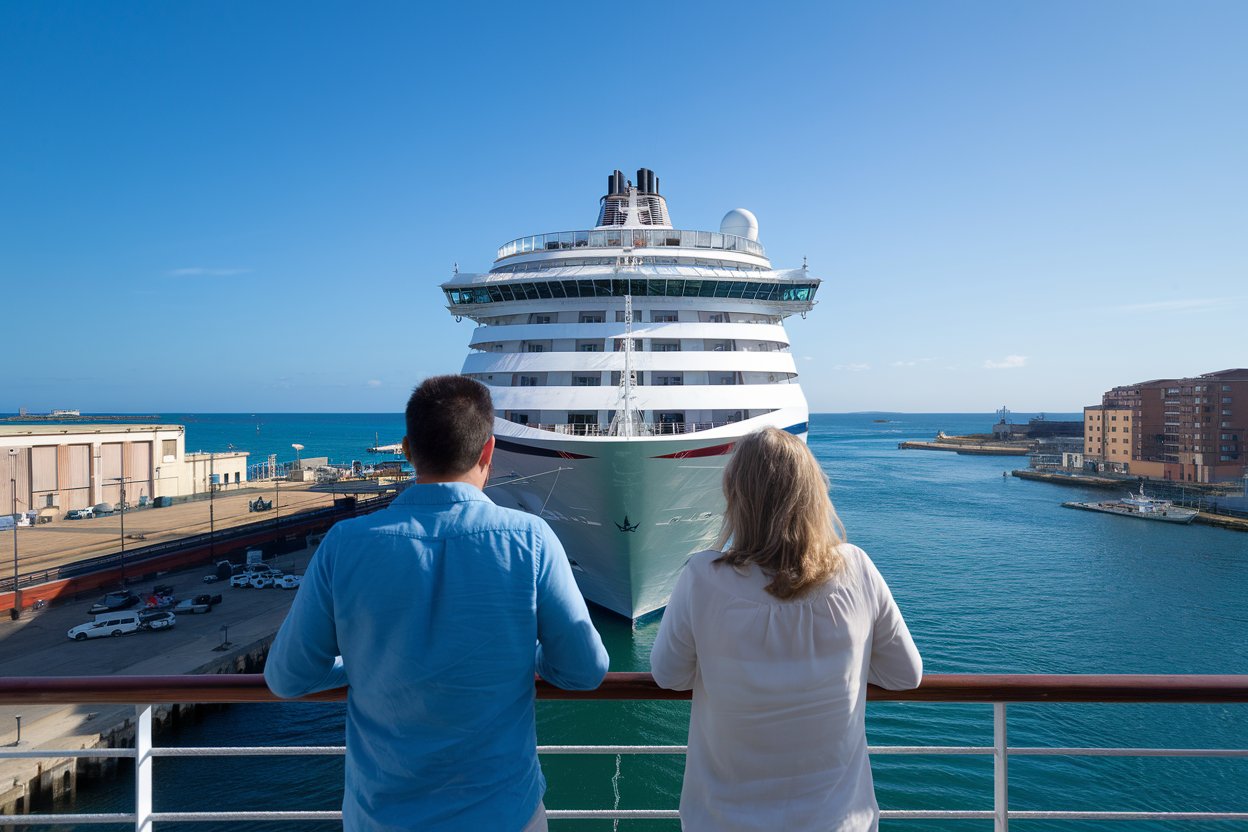 2 people in Civitavecchia looking at a cruise ship