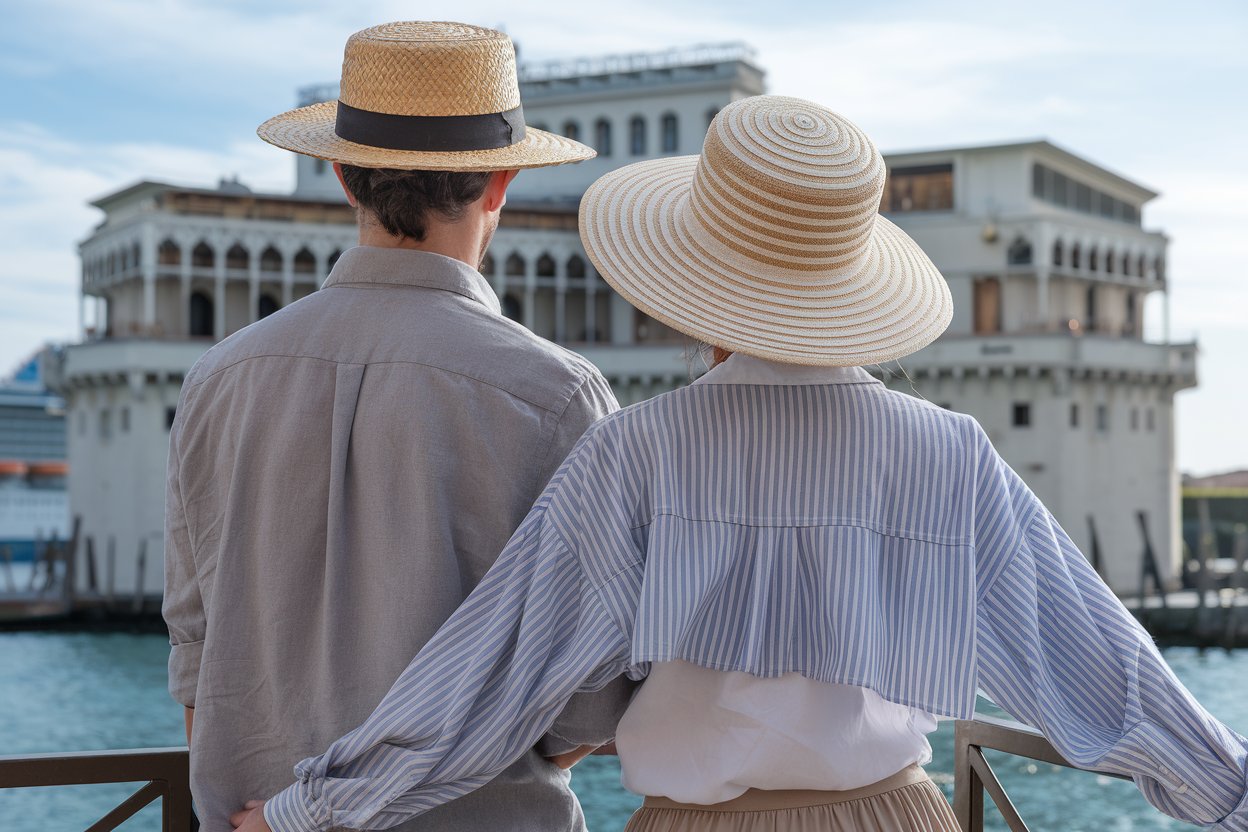 2 people in front of Forte Michelangelo in Civitavecchia Port near Rome