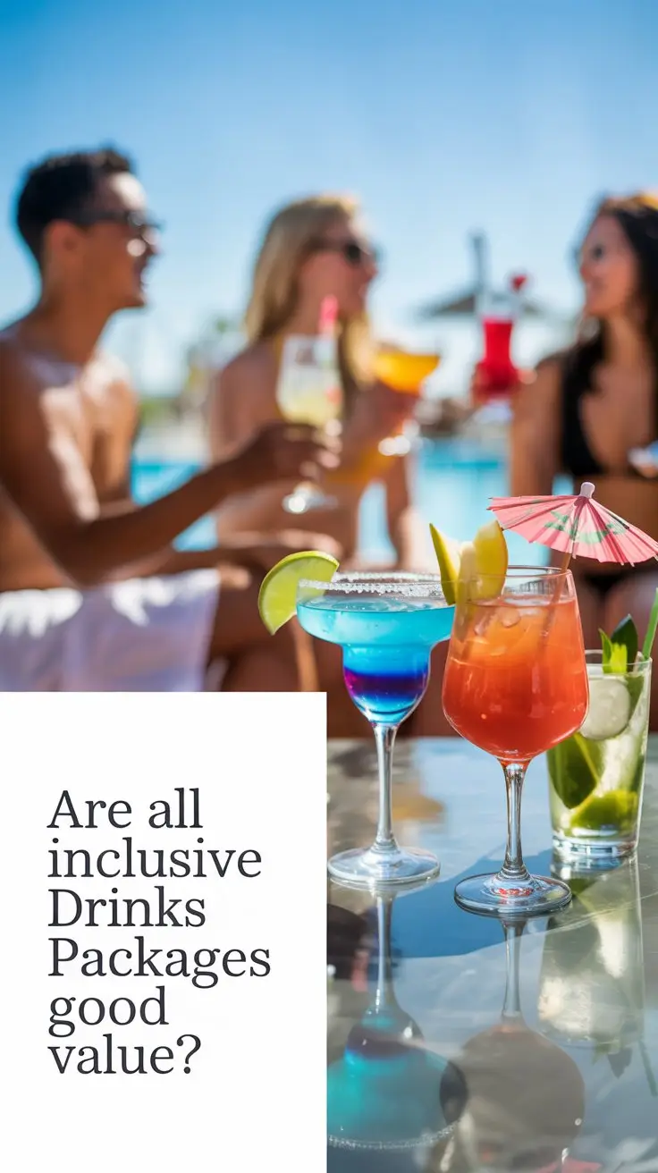 A vibrant lifestyle advertisement showcasing a luxurious resort pool scene, promoting all-inclusive drinks packages with blurred, happy vacationers enjoying cocktails in the background. The foreground features a perfectly styled table with three colorful cocktails – a vibrant blue margarita, a tropical pink sunset, and a classic mojito – garnished with fresh fruit and umbrellas, all presented on a sleek, white marble surface. The bright, sunny day is captured with a shallow depth of field, highlighting the drinks and creating a relaxed, aspirational atmosphere, with the text "Are All Inclusive Drinks Packages good value?" subtly aligned to the left of the frame in a clean, modern font. The overall aesthetic emphasizes premium relaxation and value, subtly hinting at a carefree vacation experience.