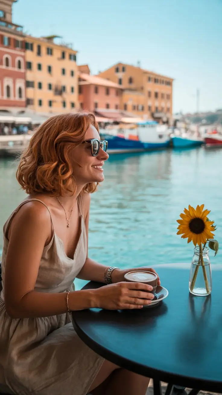 Casual tourist lady sitting at a cafe by the waterfront and looking at the view in Civitavecchia