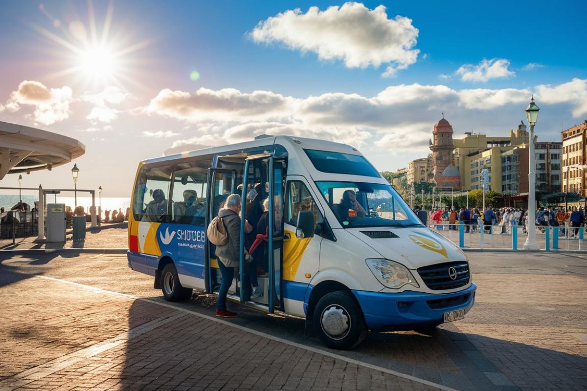 Close up Small Shuttle bus at Barcelona cruise terminal.