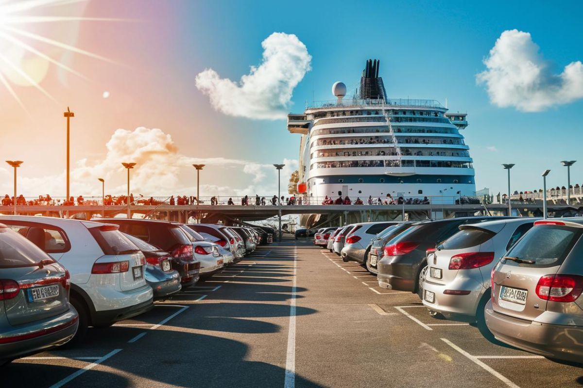 Close up at Carpark at cruise terminal. Barcelona. sunny day.