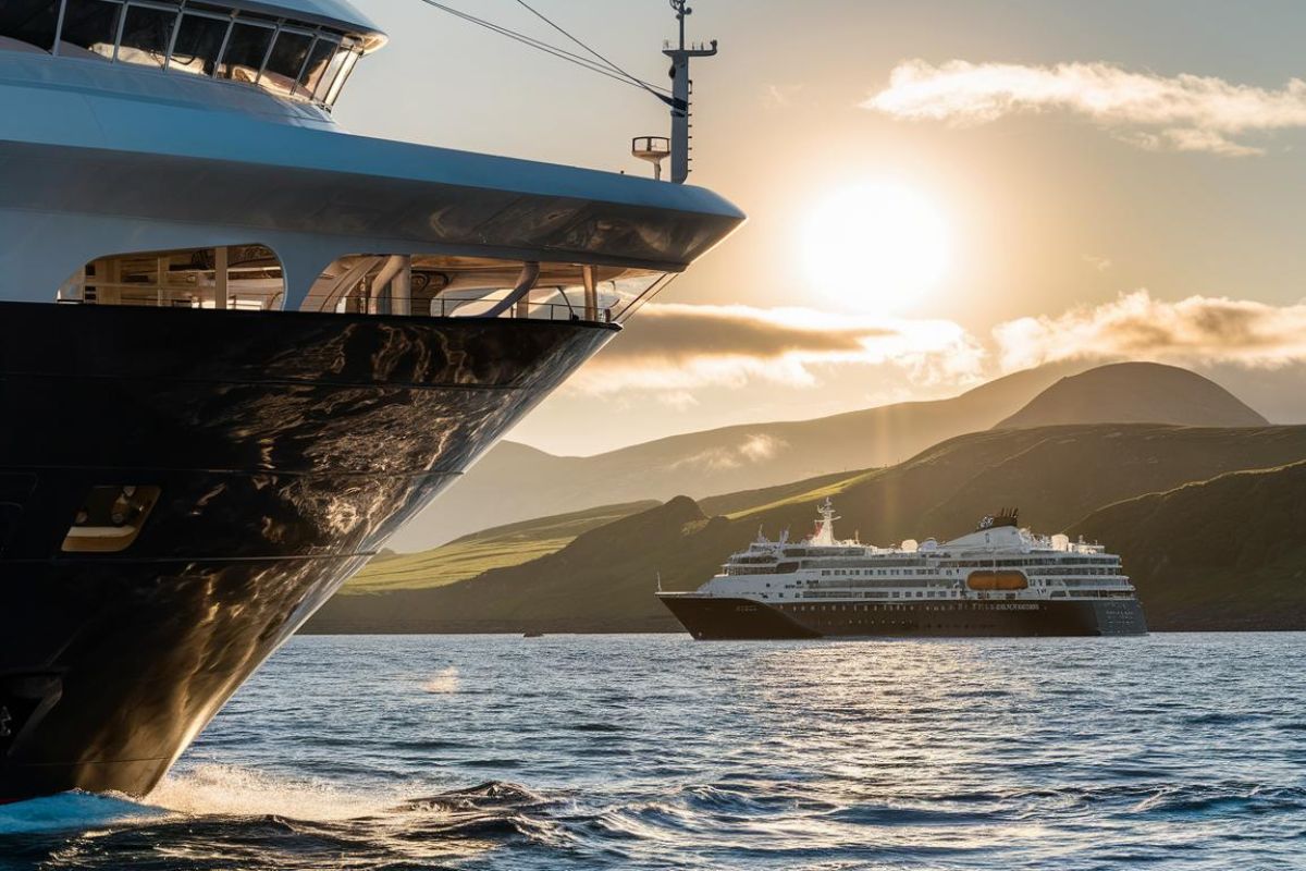 Close up of a Hebridean Island Cruise ship with Scotland in the background