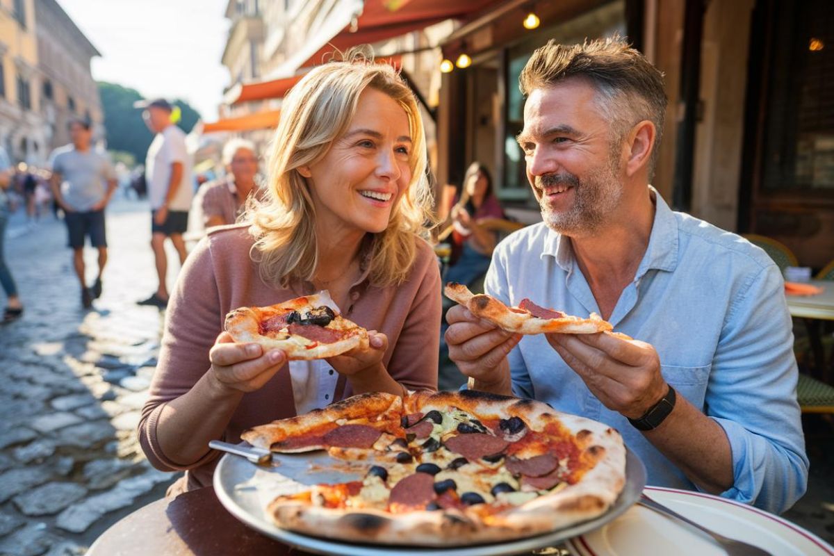 Couple eating pizza in Rome before departing Civitavecchia at the cruise terminal