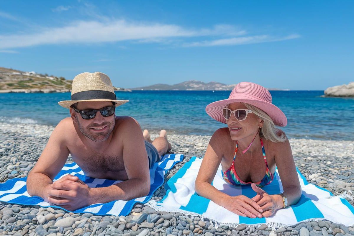 Couple on the beach at Mykonos before cruising in the Mediterranean