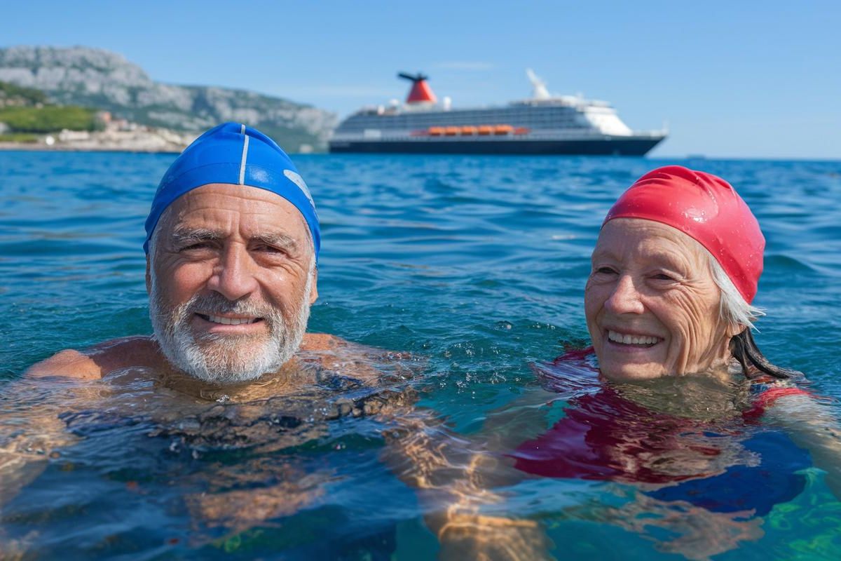 Couple swimming in Corsica, France before their cruise ship departs