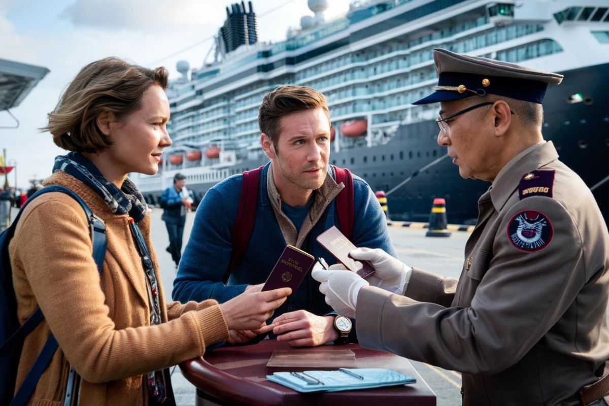 Couple talking to a Customs Offical before departing Civitavecchia at the cruise terminal