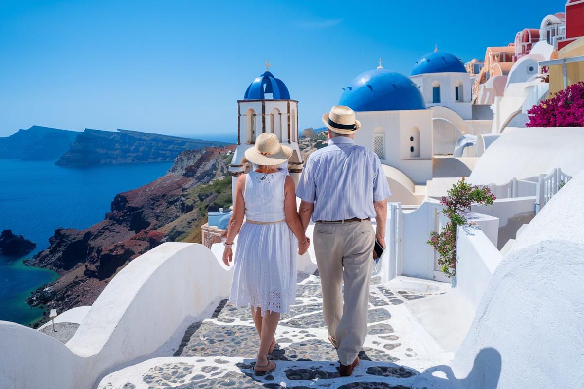 Couple walking a pretty street in Santorini, Greece