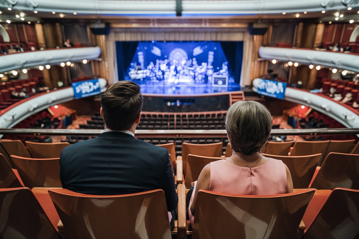 Couple watching the musical show from VIP seats on a cruise ship