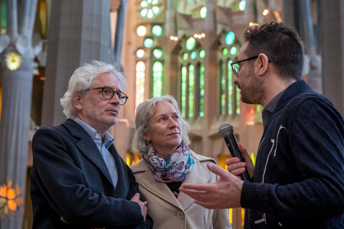 Couple with a guide inside Sagrada Família Church in Barcelona