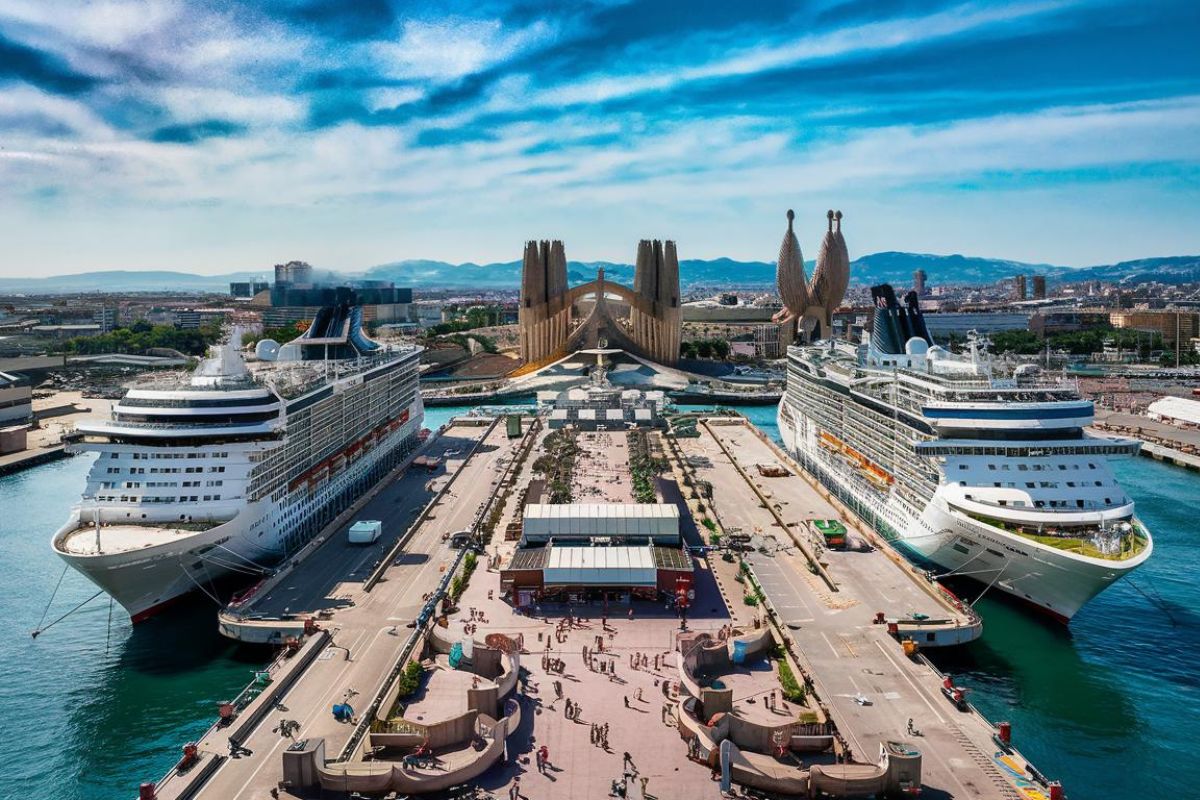 Cruise ship terminal layout for the port of Barcelona. Sunny day.