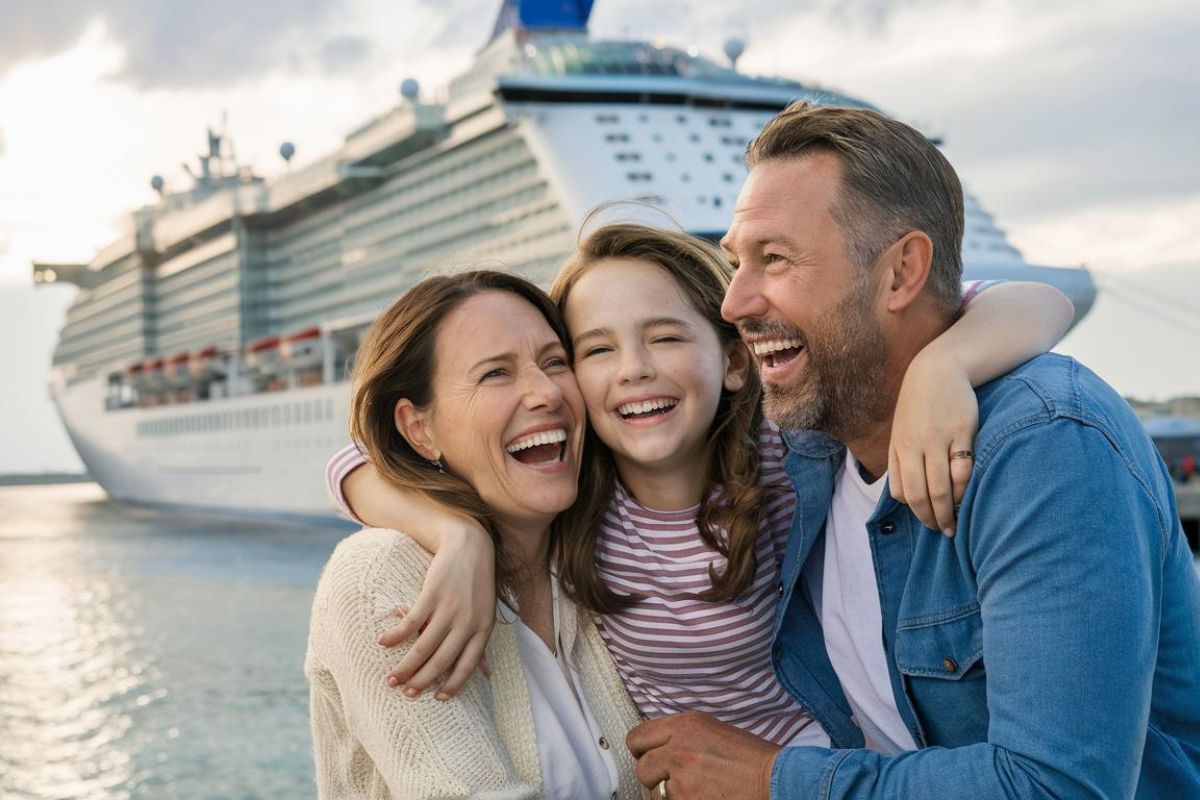 Family at the terminal waiting for their Cruise ship from Port de Barcelona