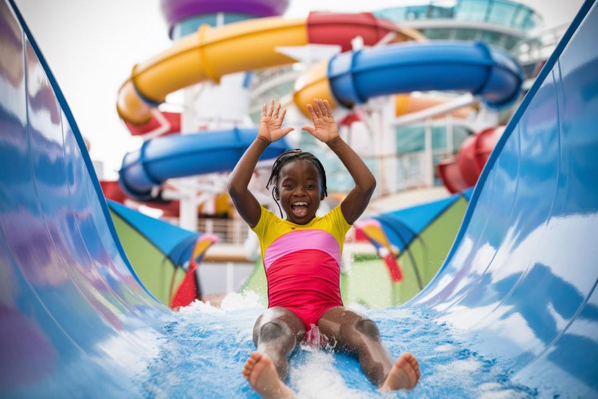 Girl going down a water slide on Symphony of the Seas