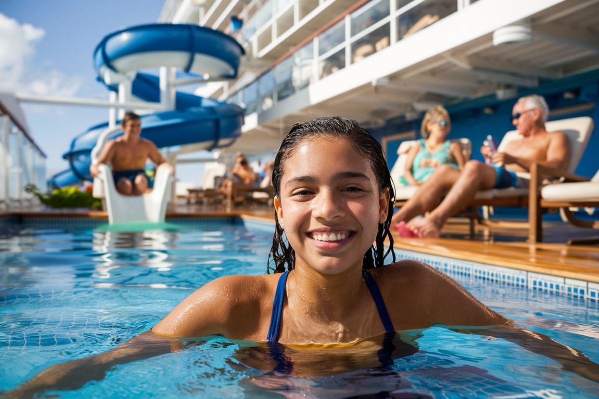 Girl in the pool at a water slide on Symphony of the Seas