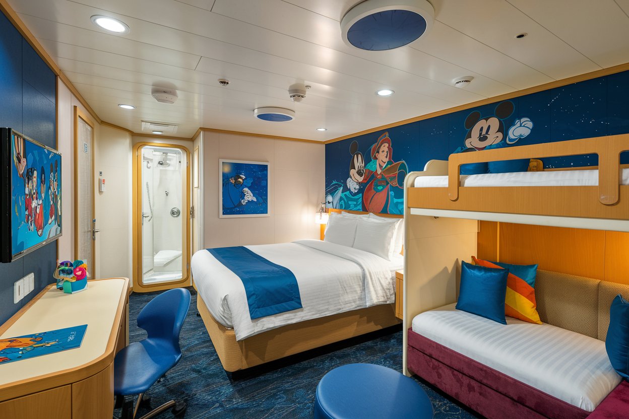 Inside a family stateroom cabin on a Disney Cruise Ship