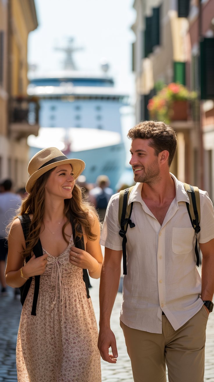 Lady and a man casual tourist in Civitavecchia port