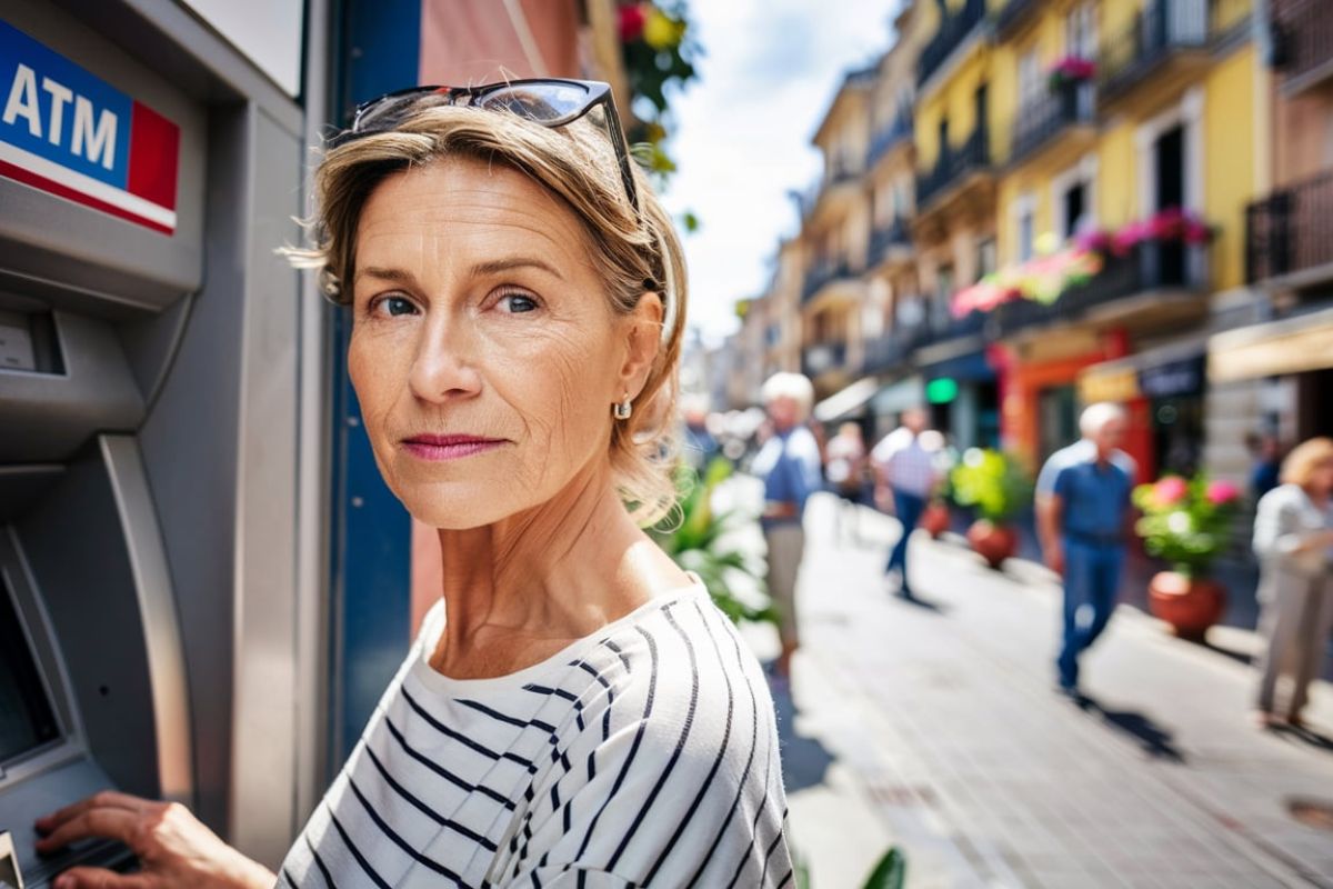 Lady at an ATM machine in Barcelona before a cruise ship departure