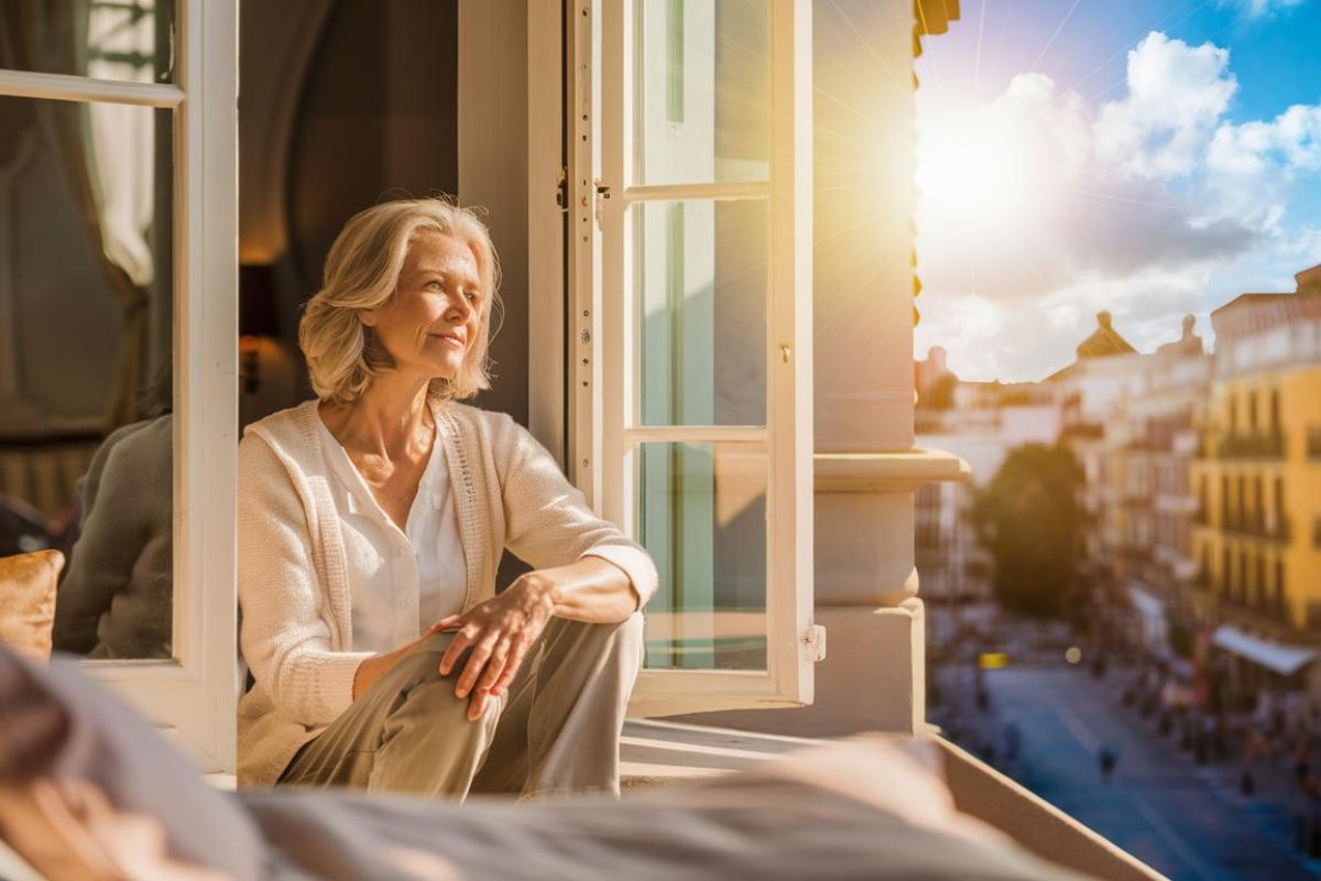 Lady in a hotel in Barcelona waiting for a cruise ship departure