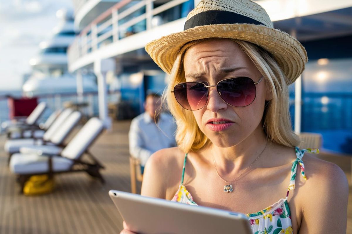 Lady with an ipad using internet on a cruise ship looking unhappy with speed