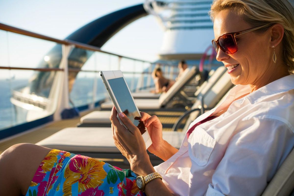 Lady with an ipad using internet via a VPN on a cruise ship