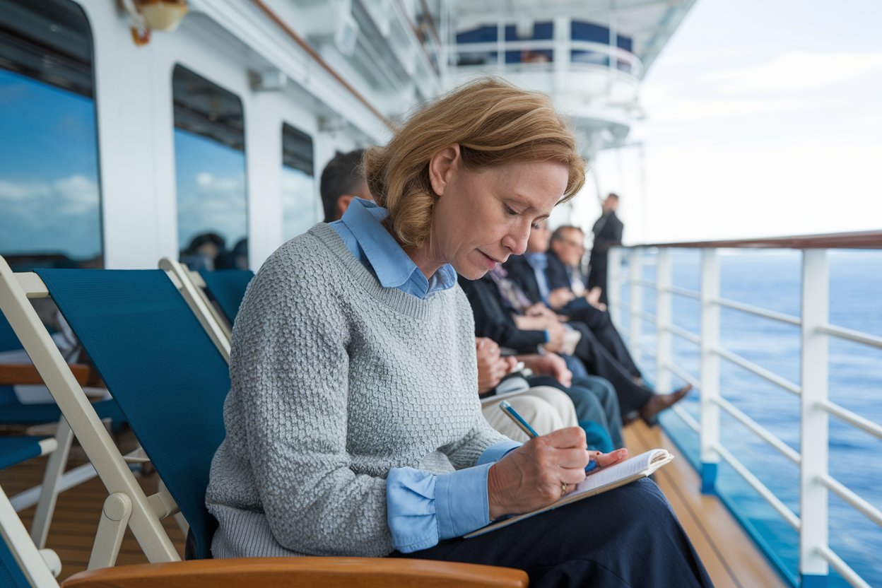 Lady writing a review on a pad on a cruise ship