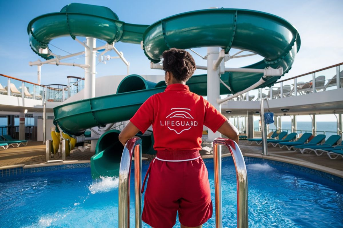 Lifeguard at a water slide on Symphony of the Seas