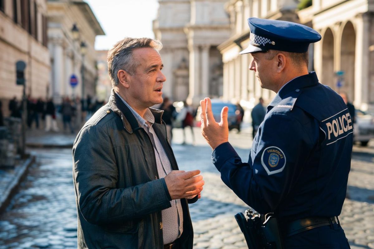 Man talking to a policeman before departing Civitavecchia at the cruise terminal