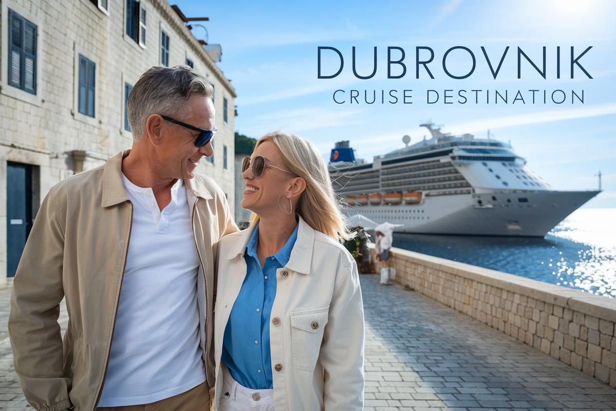 Mid aged couple in Dubrovnik. Cruise ship in the background. Sunny Day