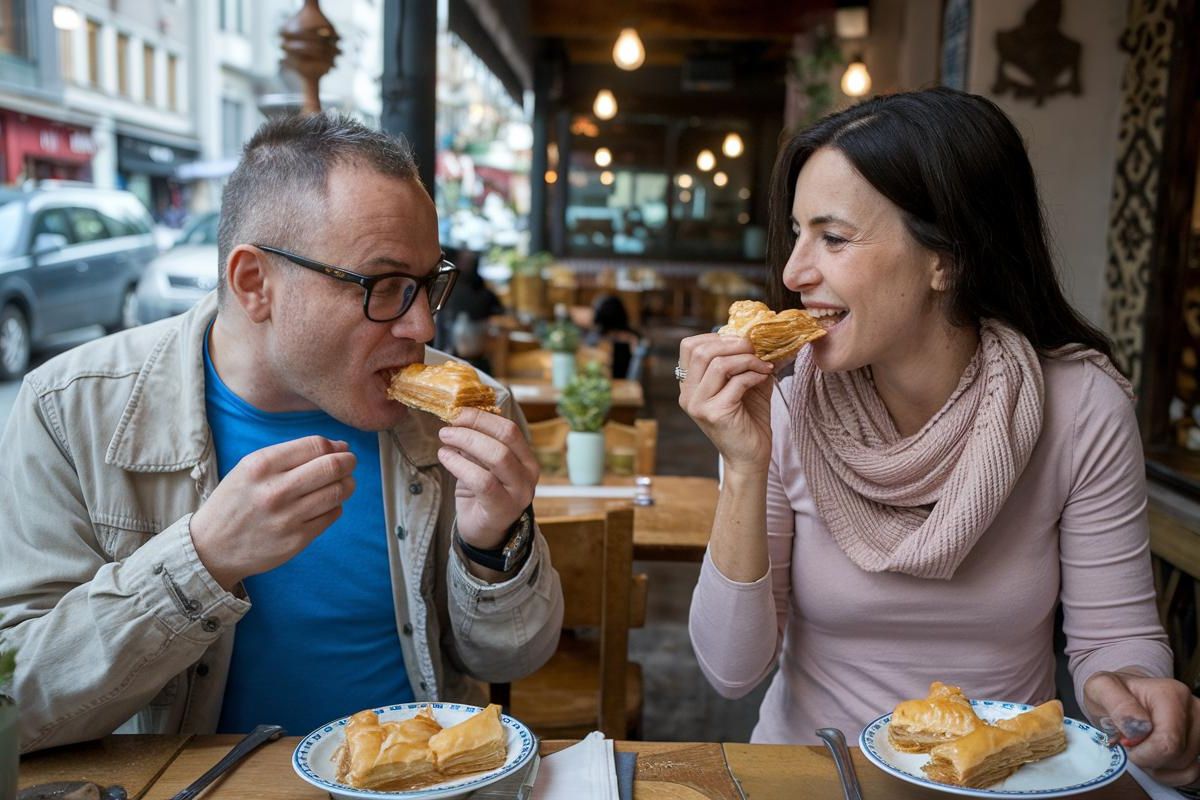 Mid aged lady. Mid aged man. Eating baklava at a cute restaurant. Istanbul.