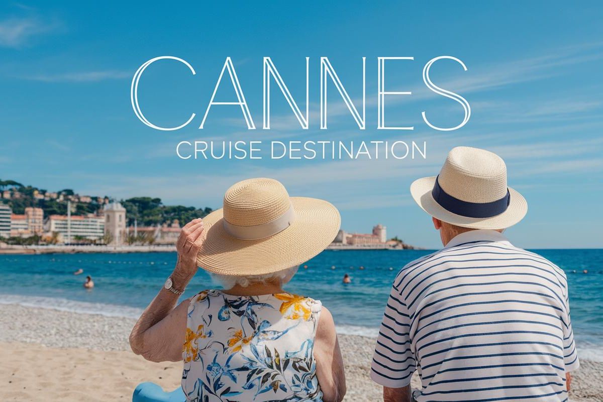 Older couple sitting on the beach in Cannes before they depart on a cruise ship from France.