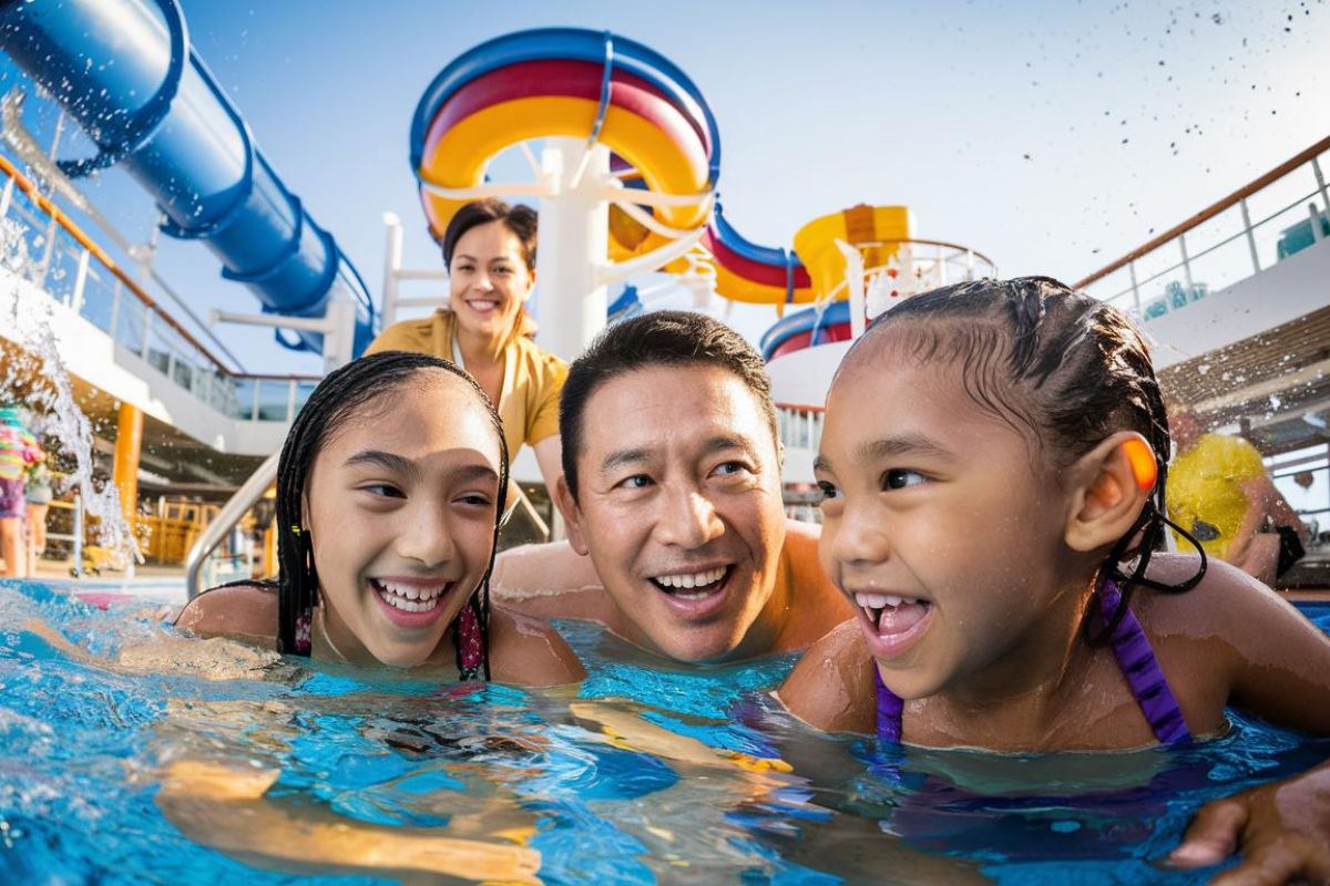 Parents with kids at a water slide on Symphony of the Seas