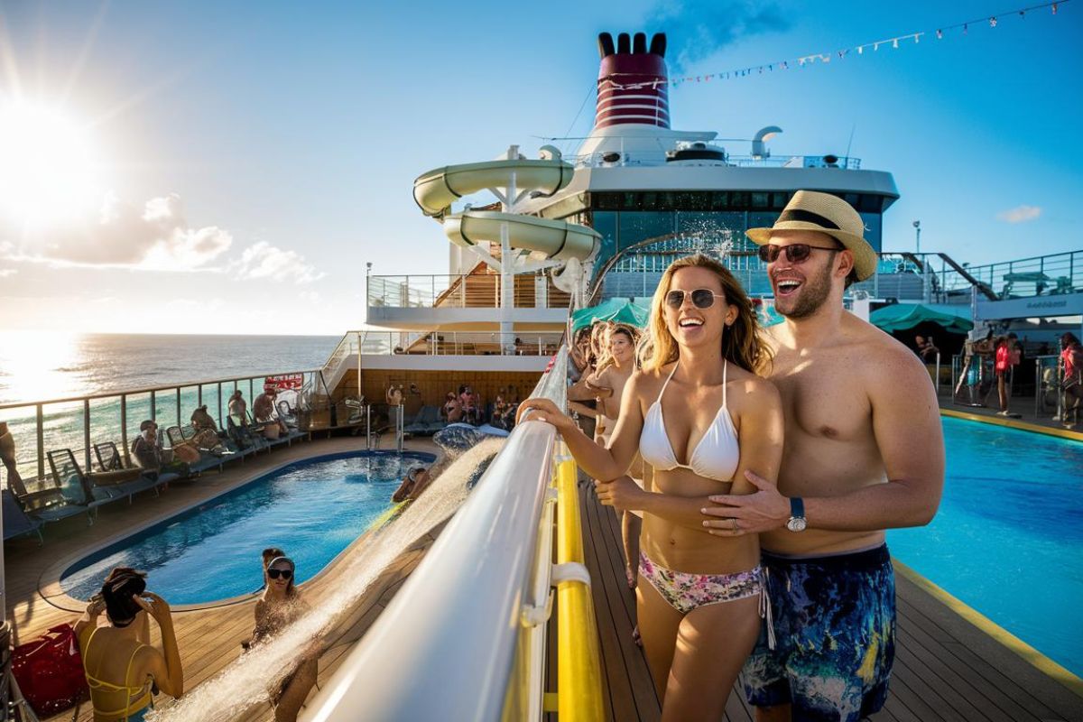 People lined up for a water slide on Symphony of the Seas