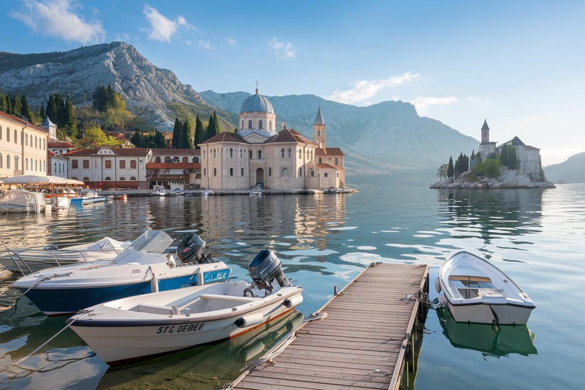 Perast for its beautiful baroque buildings and the tiny islands of St. George and Our Lady of the Rocks.Kotor Bay and the Old Town below. Cruise ship in Kotor, Montenegro