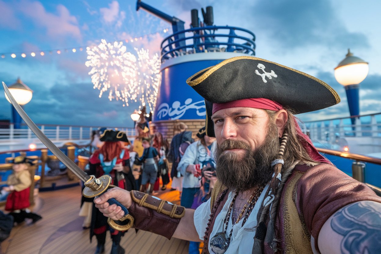 Pirate deck party with fireworks on a Disney Cruise Ship