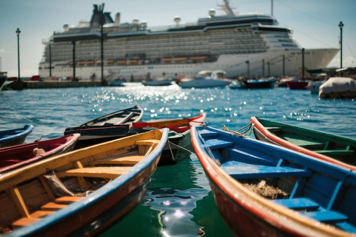 Port of Barcelona with a cruise ship in the background