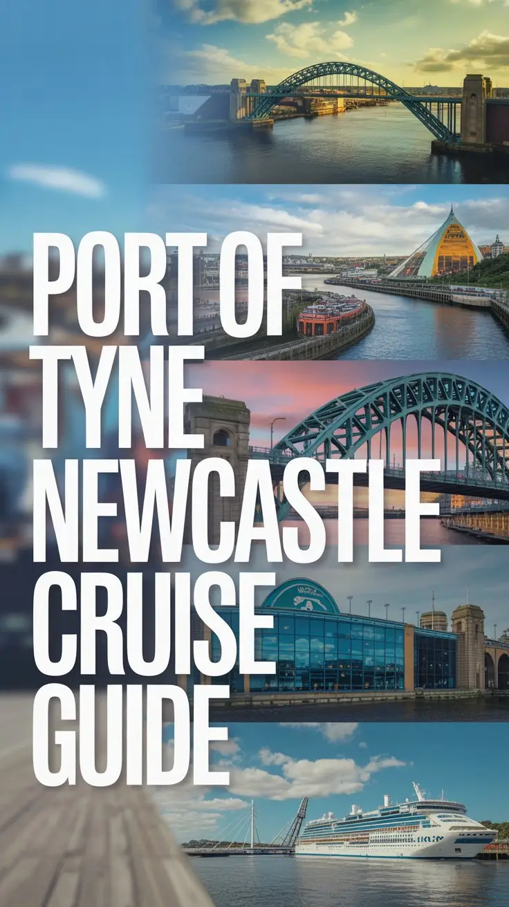 A vibrant, layered product advertisement for the Port of Tyne Newcastle Cruise Guide showcases a collage of dynamic background images depicting iconic Newcastle landmarks like the Tyne Bridge and the Sage Gateshead, subtly hinting at potential cruise destinations. Dominating the left side is a bold, modern overlay reading "Port of Tyne Newcastle Cruise Guide" in a clean, sans-serif font, aligned to the left edge and illuminated by a bright, sunny glow. The collage utilizes a warm, inviting color palette of blues, yellows, and greens, evoking a sense of adventure and coastal charm while a shallow depth of field keeps the focus on the text overlay and the impression of a thriving port city. The overall aesthetic is clean, contemporary, and aspirational, visually communicating the ease and excitement of exploring the world via Newcastle's cruise terminal.
