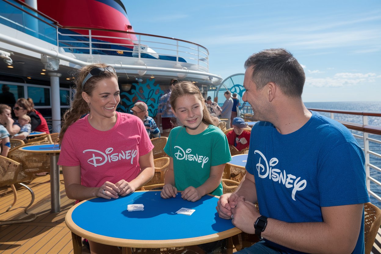 Small family doing a trivia quiz by the pool. Disney Cruise ship