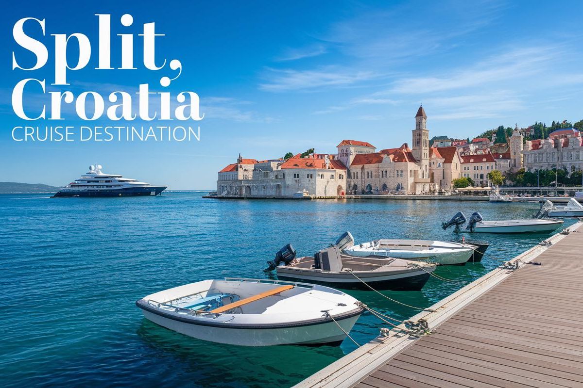 Split, Croatia waterfront on a sunny day. The foreground contains a wooden dock with a few boats tied up